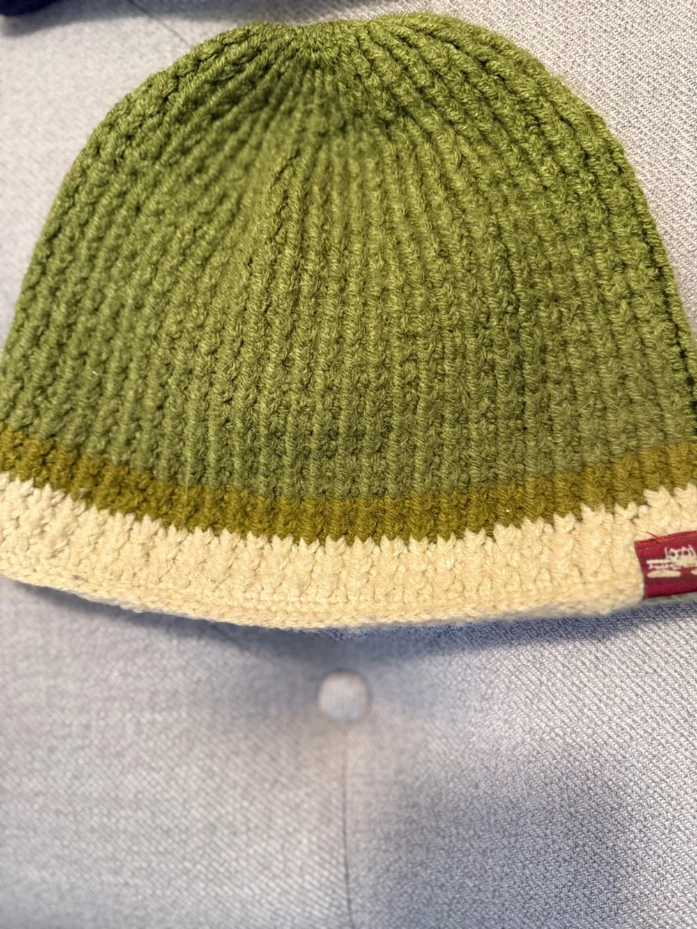 Men's Knit Beanie in Cream and Olive Stripe